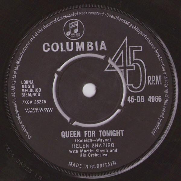 7-дюймовая пластинка HELEN SHAPIRO Queen For Tonight 45DB4966 Columbia 1963 Великобритания Поп Б/у