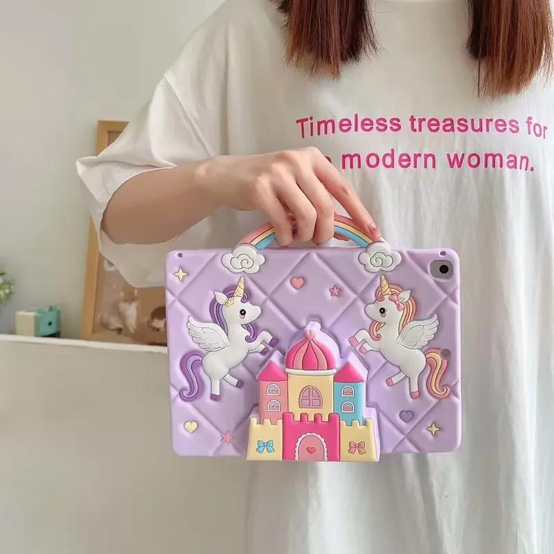 Детский чехол для iPad Pro mini Air Redmi pad и Samsung Galaxy Tab A7 Lite T220 A8 X200 A9 X110 A9+ X210 Замок Единорог с телескопической подставкой
