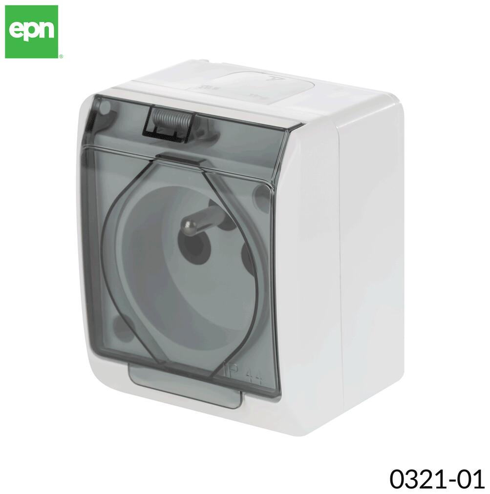 Single socket, surface-mounted, IP44, white, smoke flap, HERMES