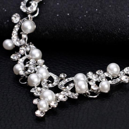 Fashion Alloy Rhinestone Faux Pearl Necklace Earrings Women Bride Jewelry Set