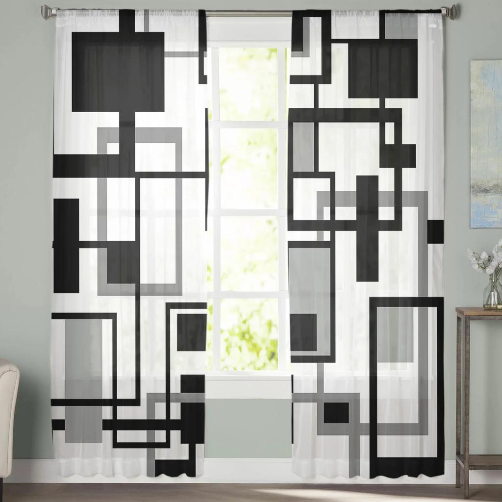 Геометрические черные, белые, серые прозрачные шторы из вуали для гостиной, окна, шифоновые тюлевые занавески, занавески для кухни, спальни, домашний декор