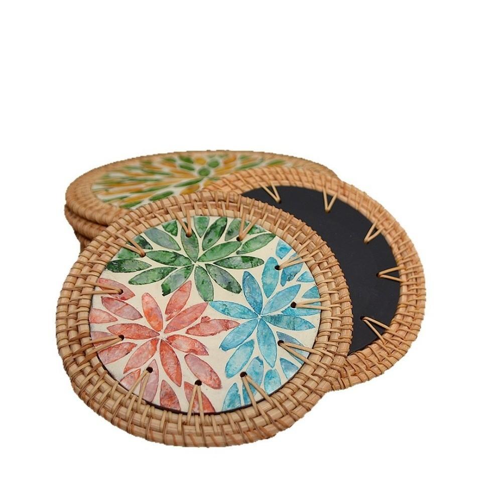 Round Rattan Weaving Coaster Handwoven Tea Cup Mats Tea Ceremony Shell Mats Home Decor