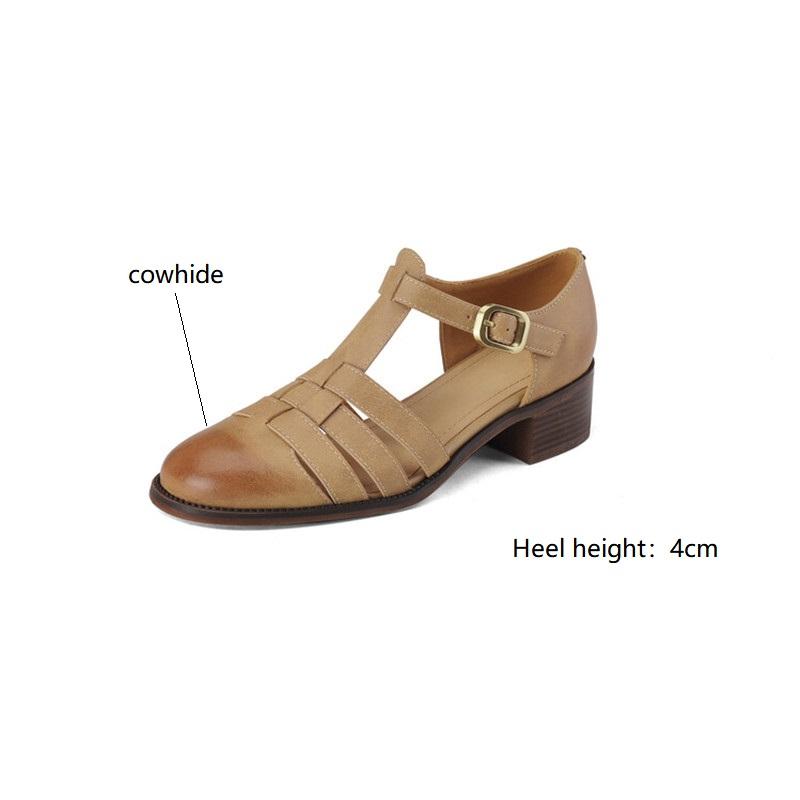 Мода 2025 Новые летние сандалии из спилковой кожи Французские ретро женские туфли Массивный каблук Круглый носок Сандалии Туфли Ручной работы Повседневные женские туфли-лодочки