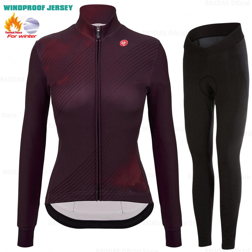 2025 Raudax Women Long Sleeve Jersey Pure Dye Coral Winter Cycling Clothing Outdoor Riding MTB Ropa Ciclismo Velveteen Bike Set