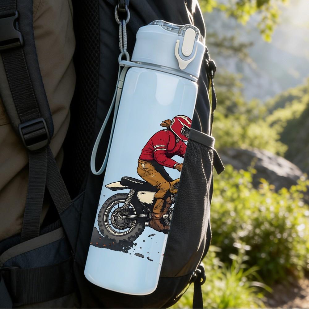 1PC Biker Rider Motorbike Pattern 750ml Color Plastic Sports Water Bottle Leakproof Flip Straw Lid Suitable for Sports Office Home Use
