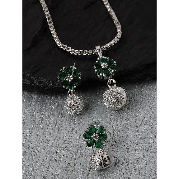 Посеребренный зеленый кубический цирконий с шипами, милый кулон в форме цветка с серьгами, комплект украшений для девочек и женщин
