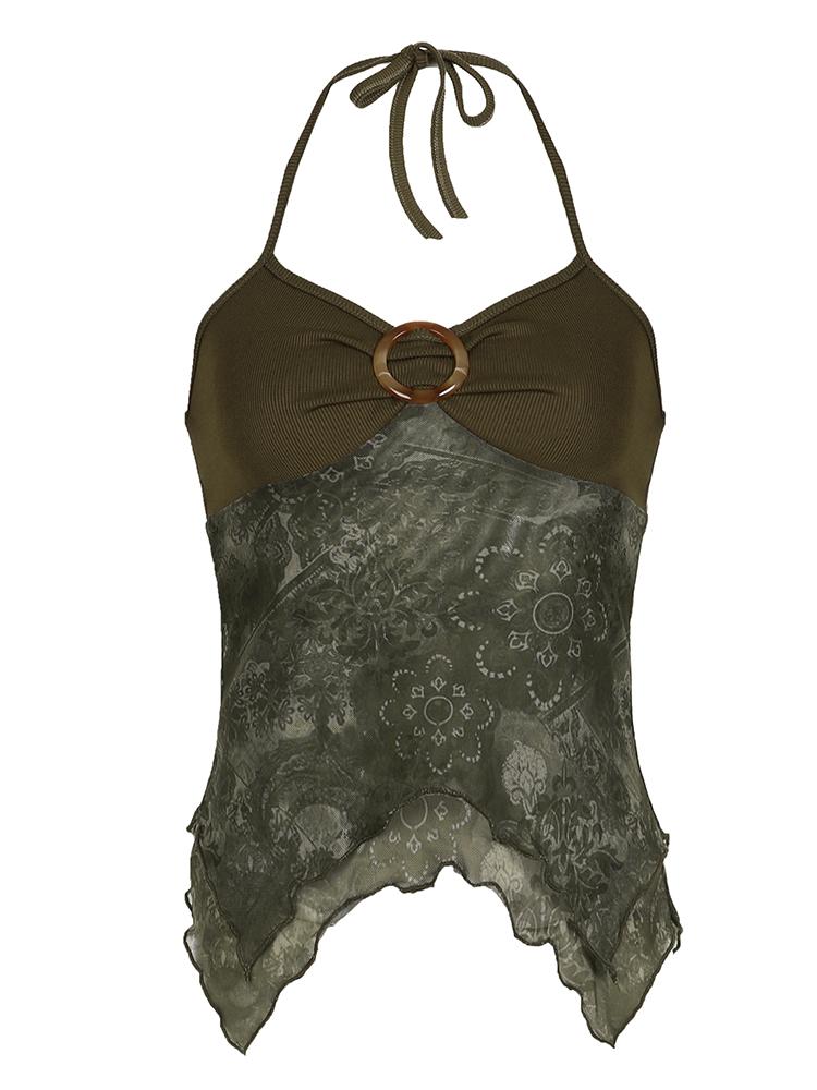 Retro Forest Green Vintage Print Boho Y2K Camisole Backless Halter Tie Asymmetrical Tops Women Summer Vacation Clothing