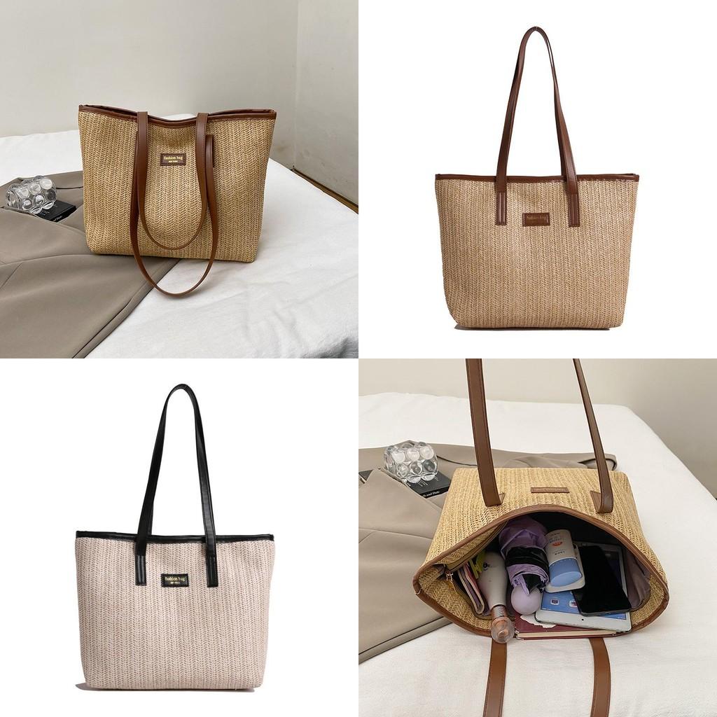 Large Woven Rattan Shoulder Bag Featuring Inner Pockets For Street Style
