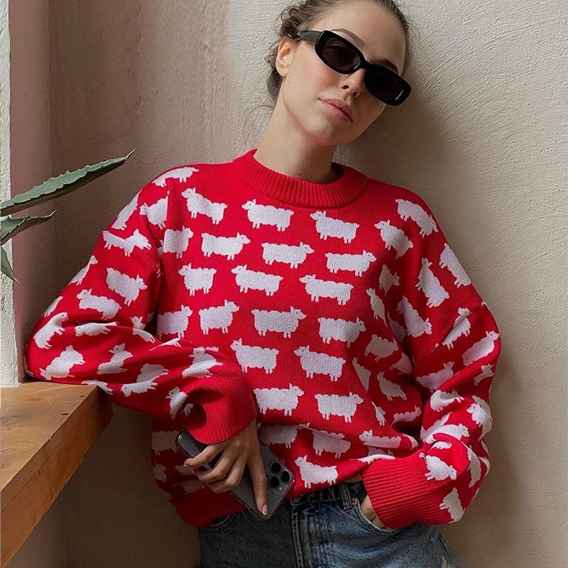Зимний вязаный свитер с принтом альпаки, женский свободный повседневный свитер с круглым вырезом и длинным рукавом, женский модный повседневный элегантный трикотажный свитер, женский тренд 2024 года