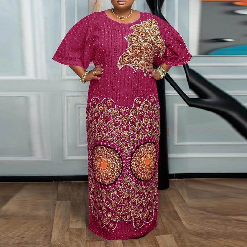 Женские платья больших размеров с круглым вырезом и рукавами средней длины с принтом