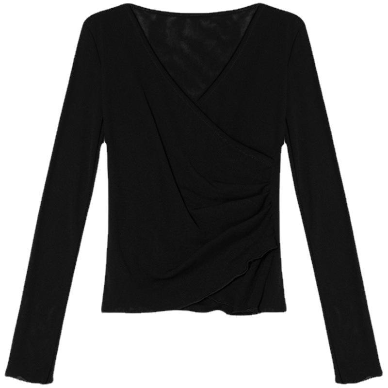 Корейская сетчатая футболка с длинными рукавами, женская, весенняя и осенняя, модели Cross Top, V-образный вырез, старая рубашка Foreign Gas, маленькая рубашка с сетчатым низом