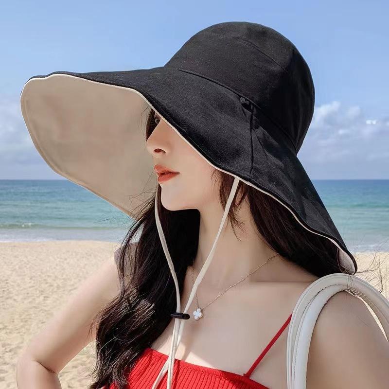 Wide Brim Sun Hat Women Anti-Uv Protection Hiking Fisherman Cap Fold Summer Solid Beach Hat Double Sided Sun Hat