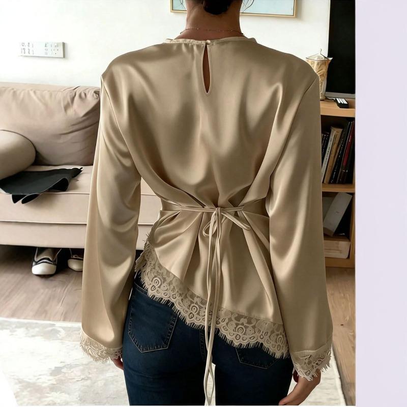Women S Lace Spliced Satin Long Sleeve T Shirt Elegant Inner Top