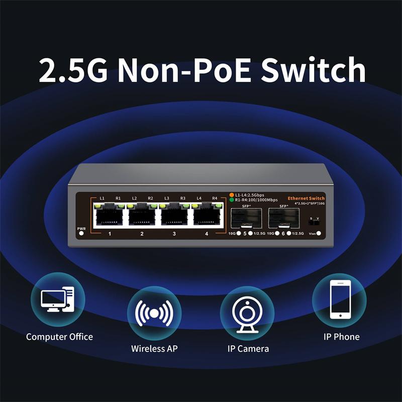 2.5Gbps Ethernet Switch 4 Port 2500Mbps Network Switcher 2 Port 10G Sfp+ Slot Home Lab Hub Internet Splitter Plug And Play