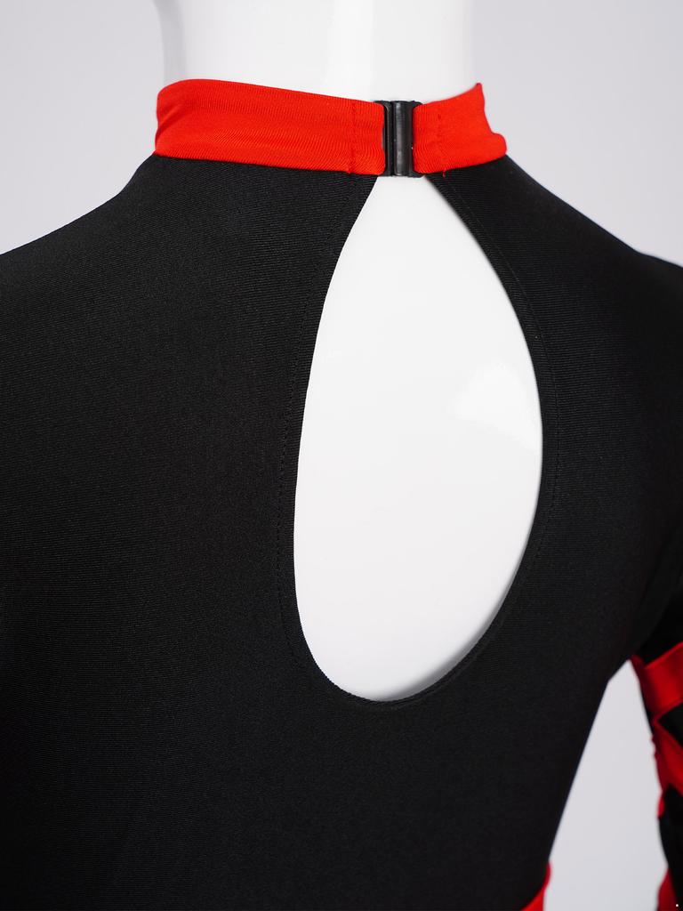 Девочки Китайский Стиль Гимнастический Купальник Узел Пуговица Воротник Мандарин Длинный Рукав Стразы Цветной Блок Поясной Боди