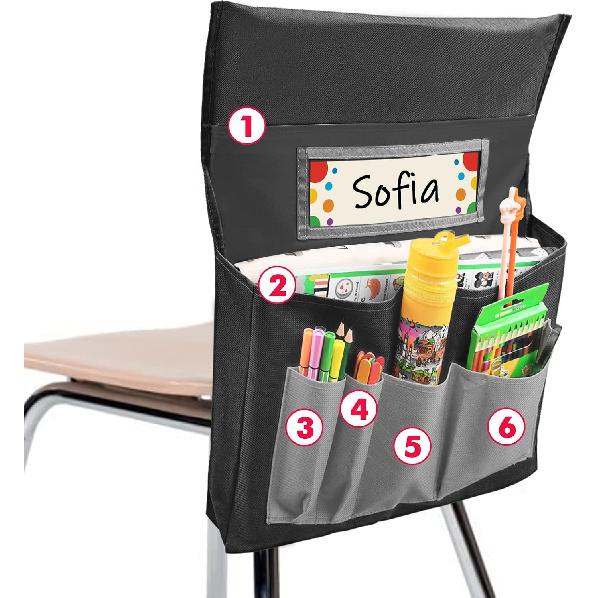 Black Chair Back Pocket School Seat Chair Storage Pocket Organizer with Label Slot Multiple Pockets for School Home Classroom Preschool Daycare