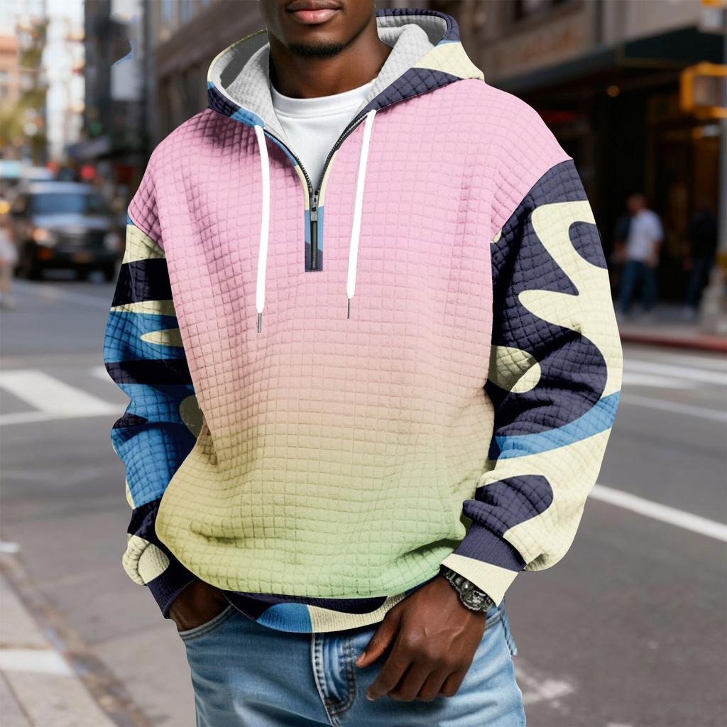 Мужской худи-пуловер в клетку с капюшоном на молнии до середины, со шнурком и принтом, повседневная спортивная толстовка