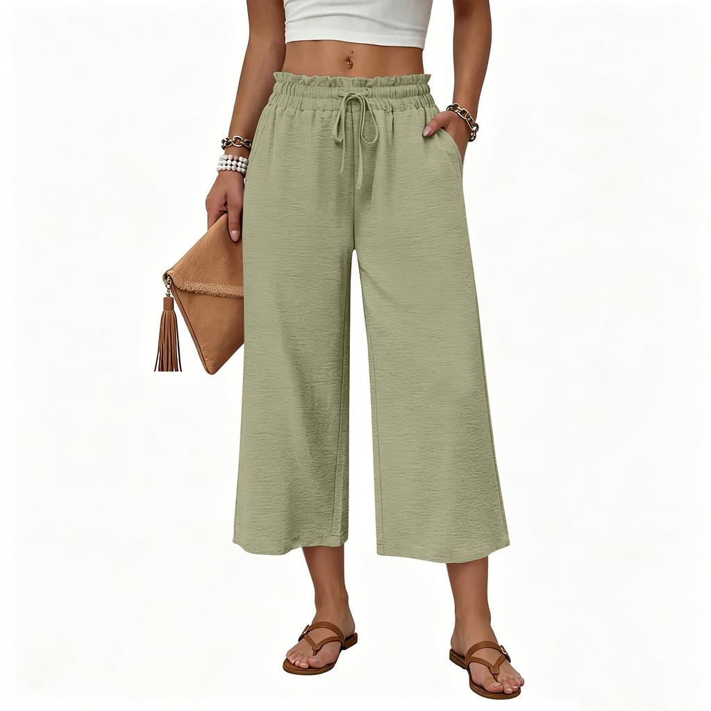 Women's Casual Loose-Fit High-Waisted Cotton-Linen Cropped Pants With Side Pockets