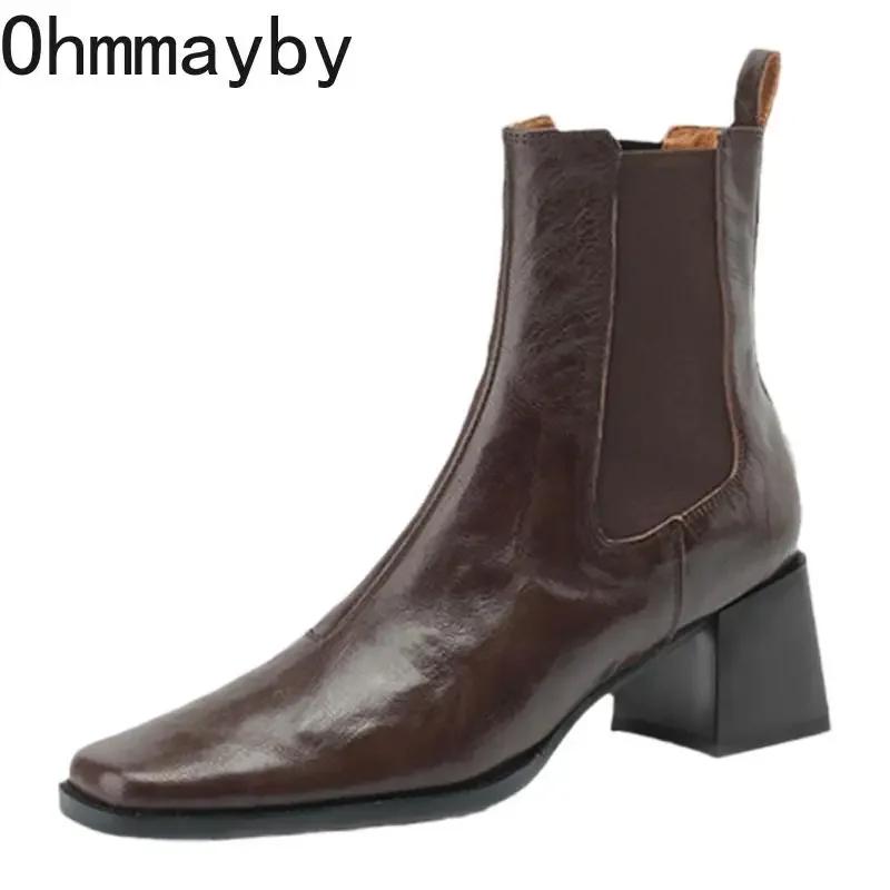 Fashion Square High Heel Women Chelsea Boots Fashion Slip On Shoes Retro Style Autumn Winter Square Toe Ladies Short Booties