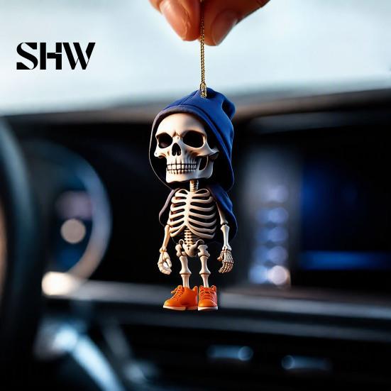 Creative Halloween Party Favors 2Pcs Hoodie Skeleton Ornaments, 2D Flat Acrylic Pendants, Gothic Car Rearview Mirror Hanging Ornament Style Ornaments