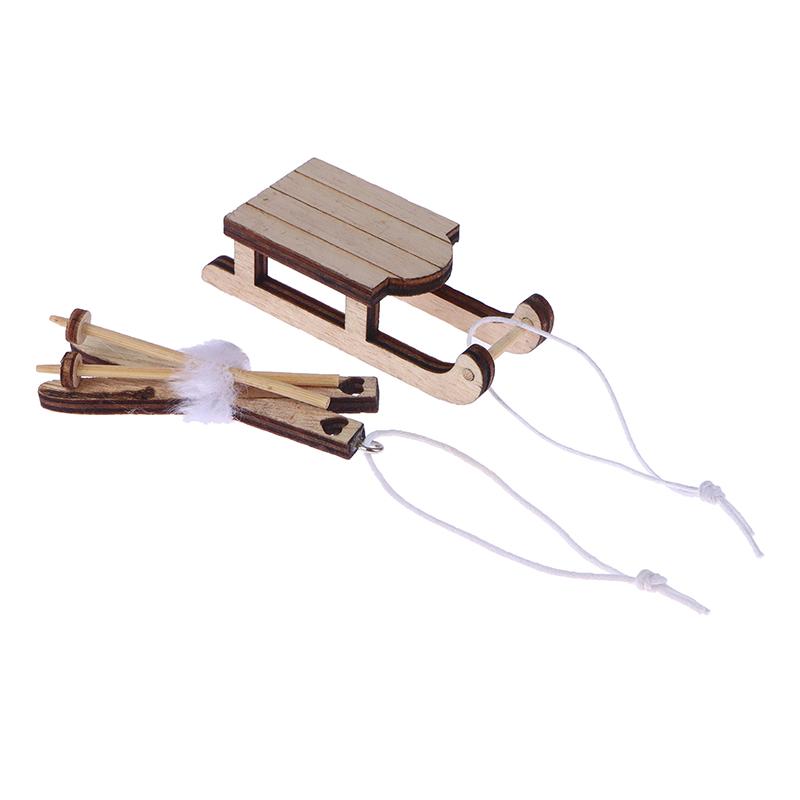1/12 Dollhouse Miniature Sleigh Sled Ski Poles Pendant Dollhouse Christmas Scene Decoration Dolls House Xmas Accessories