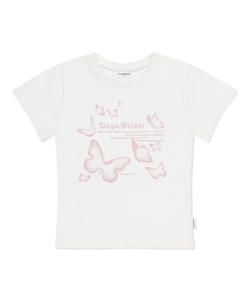PAGESIISII Mosaic Butterfly Print Slim Fit Short Sleeve T-Shirt Ivory