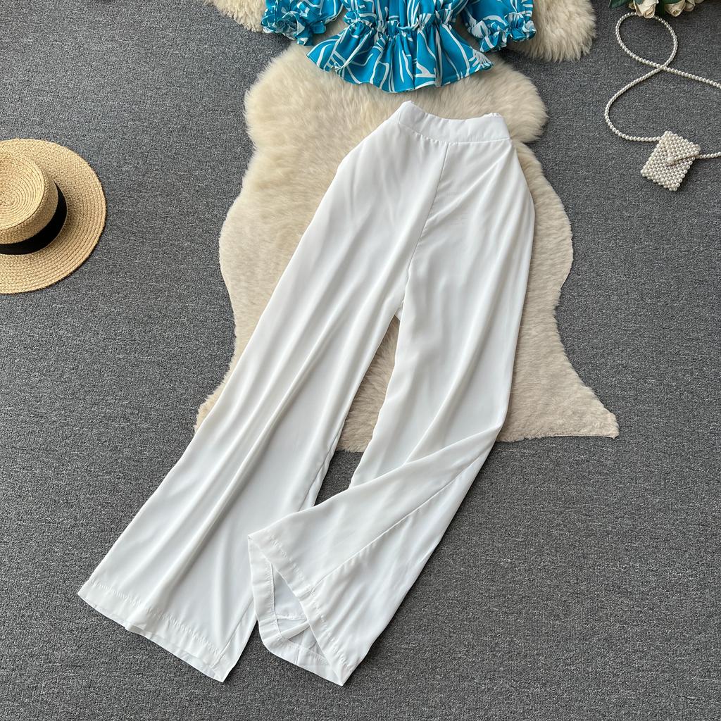 Модный французский костюм-рубашка на одно плечо с оборками и цветочным принтом, женский тонкий широкий брючный костюм с высокой талией