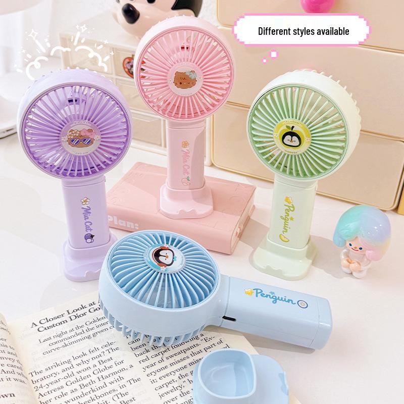 Portable Cartoon Fan: USB Rechargeable Silent Mini Fan with Phone Holder & Strong Wind Power