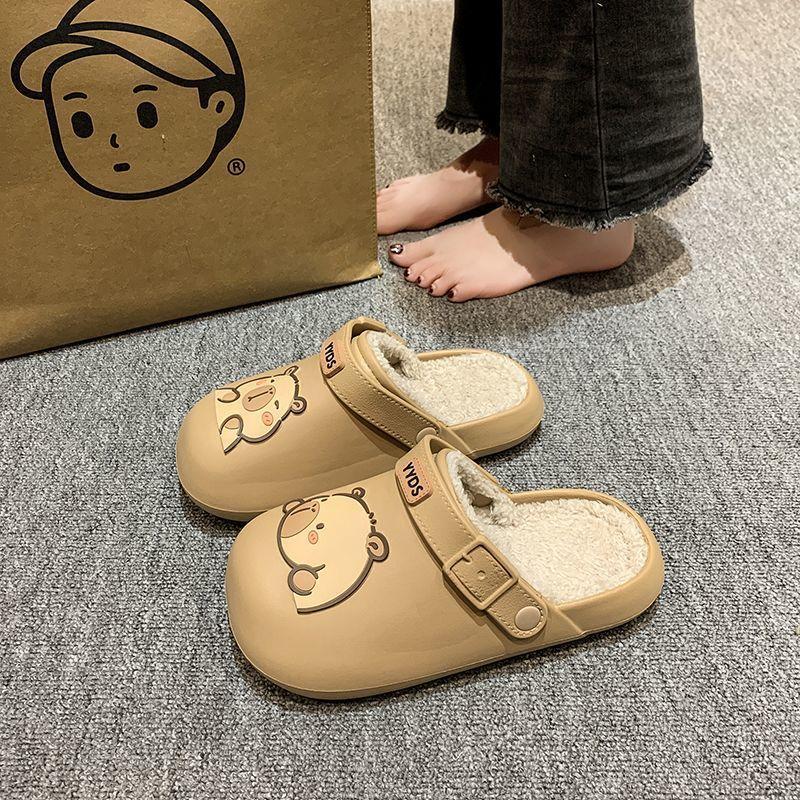 Милые мультяшные бархатные полутапочки с толстой подошвой и закрытым носком для женщин, женские хлопковые тапочки 2025 осень-зима, новинка для улицы