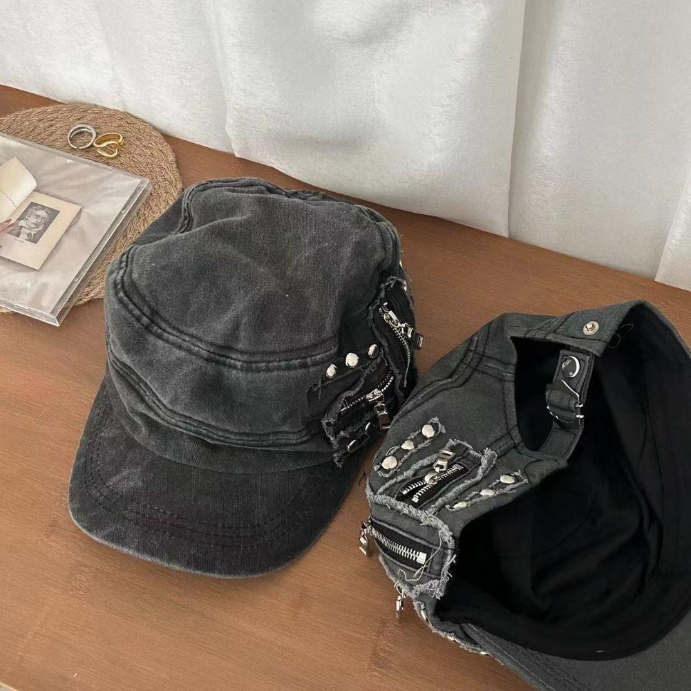 Y2k Metal Rivet Flat Top Hat Cloth Equestrian Hat Personality Retro Baseball Cap  Travel