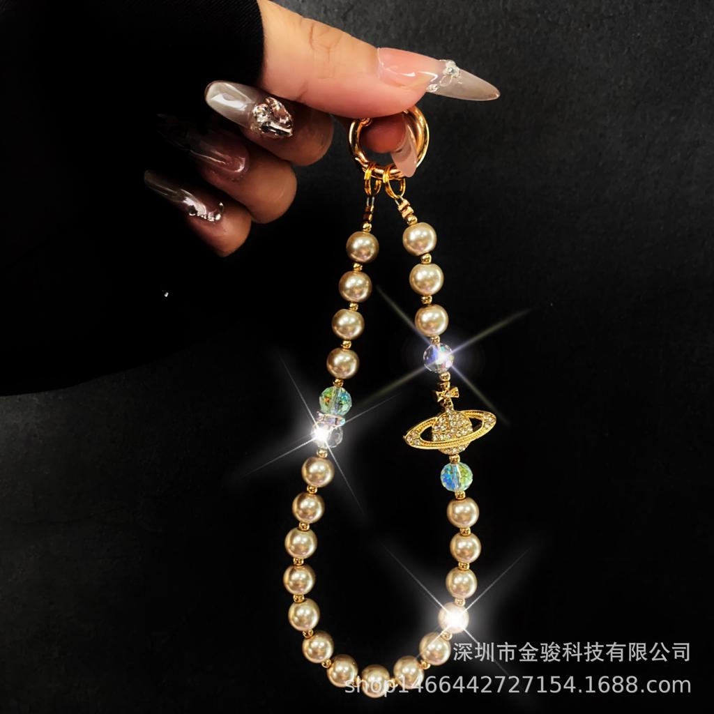 Инкрустированная бриллиантами жемчужная цепочка для телефона, креативный шнурок для телефона, брелок, ремешок против потери, модная короткая подвесная цепочка, оптом