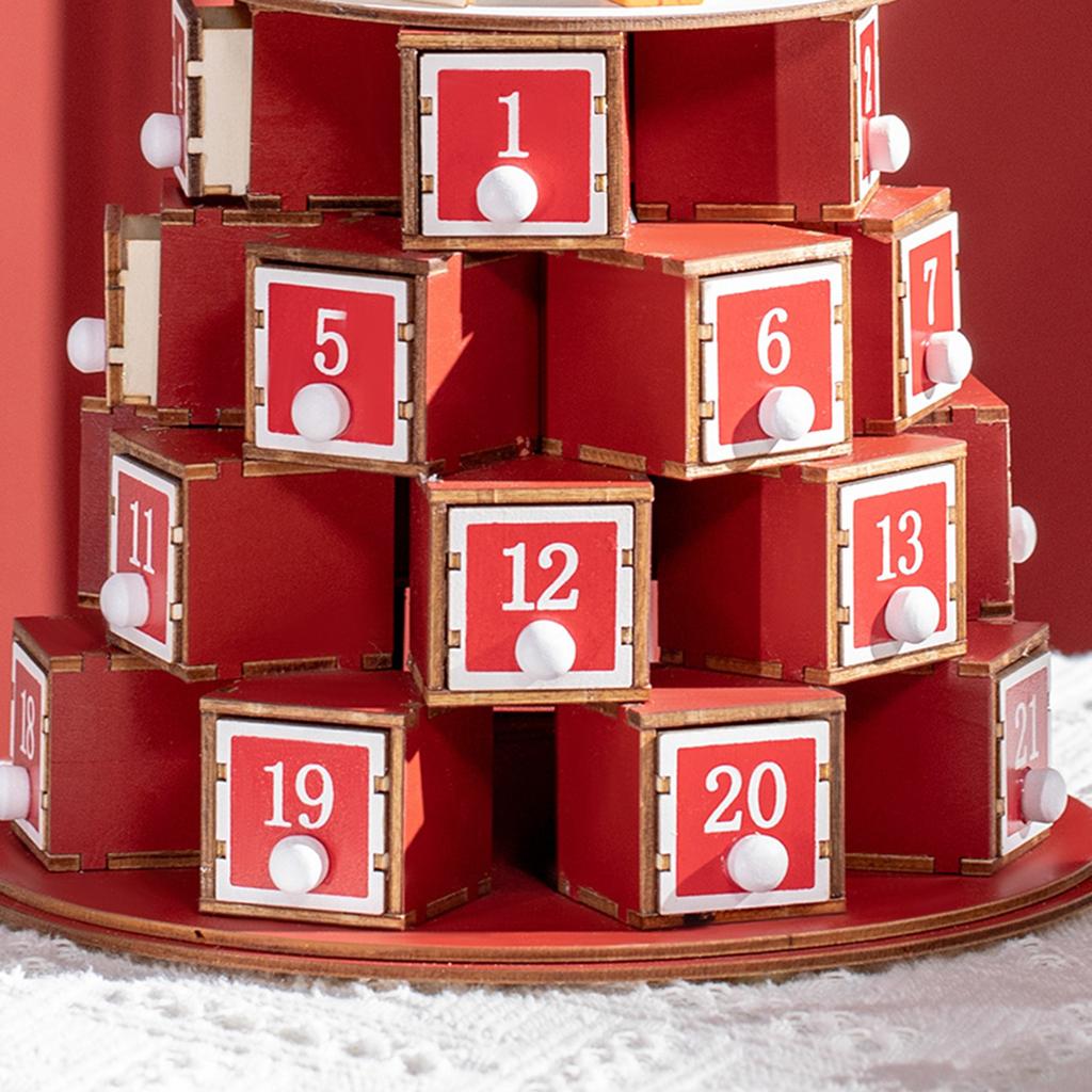 Christmas Cone Advent Calendar with Themed Motifs and 10 LED Lights, 22x22x35 cm, Plywood, Red, Green and Yellow