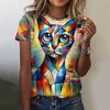 Summer Round Neck 3D Creative Cat Print Top Fashionable Casual Short Sleeved Women's T-shirts