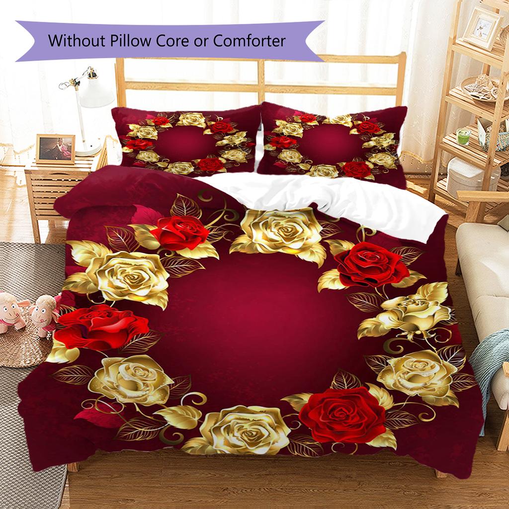 Golden Flower Pattern Bedding Quilt Set Quilt Cover Pillowcase Home Decoration Gift (1 * duvet cover + 2 * pillowcase, without core)
