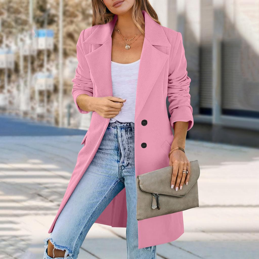 Женское шерстяное пальто средней длины на пуговицах с лацканами