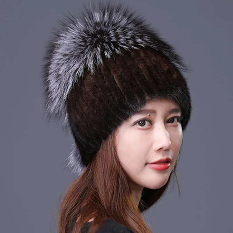 Mink Fur Hat Women Natural Fur Warm Ear Protection Hat Genuine Fox Fur Beanies Real Fur Cap Female Fluffy Snow Cap With Fur