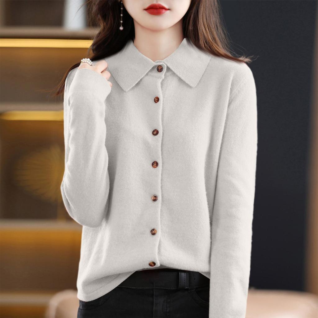 Женский модный повседневный кардиган однотонного цвета свободного кроя с длинными рукавами и отложным воротником