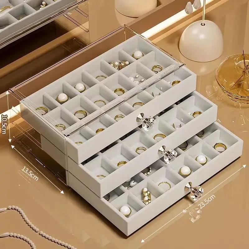 Three-layer Flannel Jewelry Storage Box, Earrings, Earrings, Storage Box, Jewelry Dust-proof Drawer Jewelry Box Storage