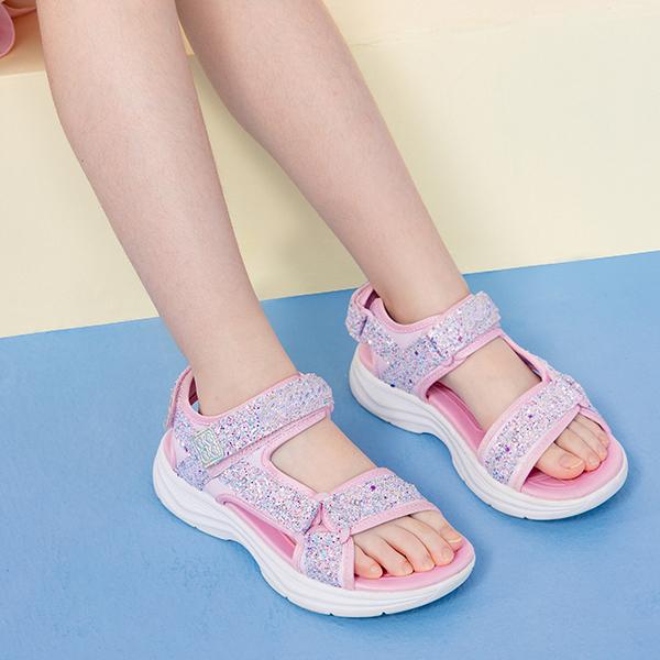 Skechers Блестящие Милые Повседневные Универсальные Удобные Уличные Сандалии на Липучке Детские Детские сандалии Светло-Розовые 302965L-LTPK