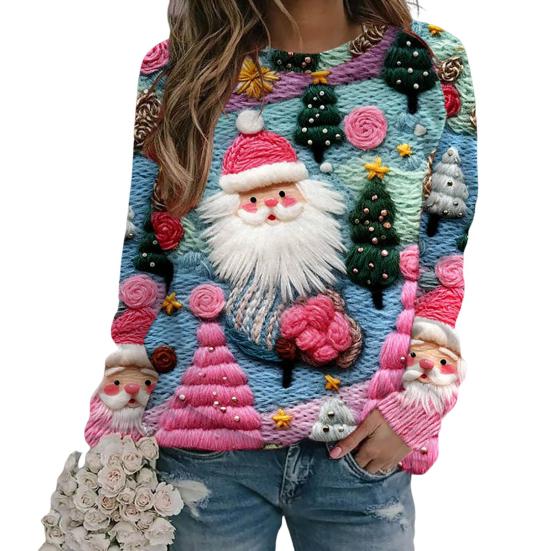 Christmas Sweatshirt Women 3D Xmas Tree House Print Crew Neck Long Sleeve Tops Lightweight Holiday Pullover Tops