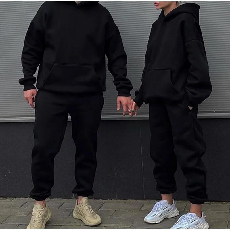 Осенне-зимний модный худи-костюм для пар с плюшевой подкладкой теперь повседневный, свободного кроя, с длинными рукавами.