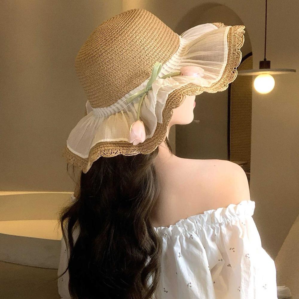 Korean Style Lace Tulip Sun Hat Wide Brim Bow Sunscreen Hat Simple Straw Woven Hat Beach