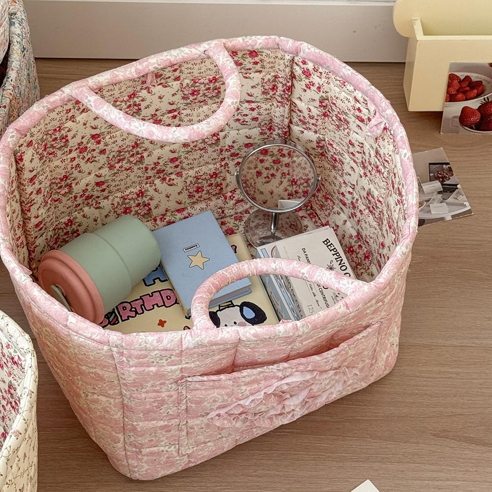 Airfriend Vintage Floral Organizers Basket With Handle Portable Home Room Quilted Foldable Storage Basket For Snack Clothes Toys