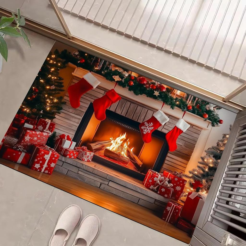 Christmas Atmosphere-Welcome-Doormat,Christmas Fireplace Christmas Stocking Elements Door Mat Non Slip Xmas Holiday Doormat for