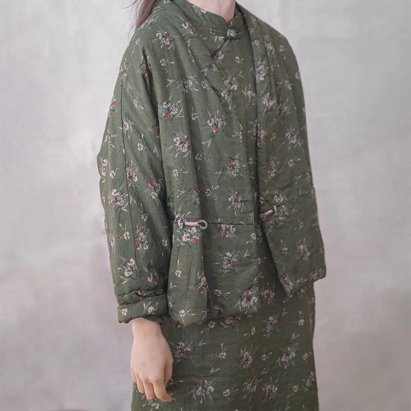 Johnature Women Vintage Print Floral Cotton Parkas V-Neck Long Sleeve Button Fly Chinese Style Winter Coats Warm Parkas