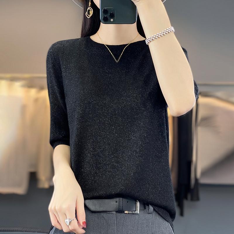 Женская летняя футболка с коротким рукавом, 50% шелка тутового дерева и полиэстера | Легкий дышащий облегающий повседневный топ