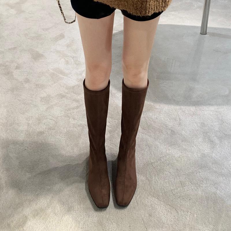 Версия из коровьей кожи~ Кожаные сапоги на толстом каблуке в стиле ретро с молнией сзади Женские замшевые тонкие сапоги Высокие сапоги Рыцарские сапоги Длинные сапоги