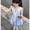 Детское летнее платье 2026 года в клетку с воротником-матроской - Без рукавов, сине-белое, с пышным подолом, в стиле принцессы