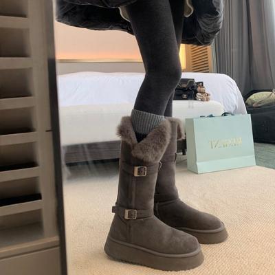 Виноградный цвет mother studiolee пряжка на толстой подошве пушистые с отворотами термохлопковые ботинки средней длины и длинные зимние модели женские