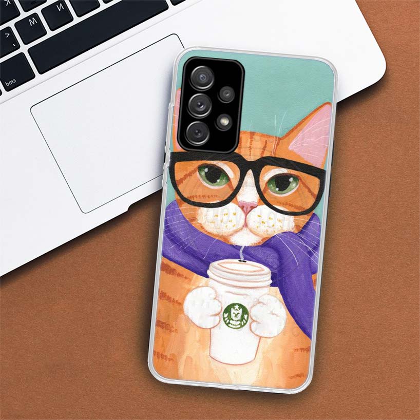 Чехол для телефона с изображением кота и кофе латте с молоком для Samsung Galaxy A53 A52 A73 A72 A12 5G A13 A22 A23 A32 A33 A02S A03S A42 A43 A50S Coqu